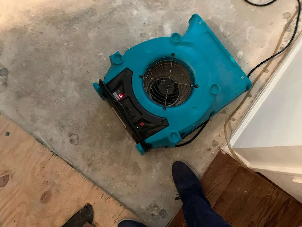 Air mover drying subfloor during Leak Detection & Repair in Prichard